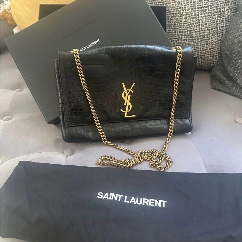 Saint Laurent Black Croc-Embossed Crossbody with Gold Chain - Picture 1 of 6